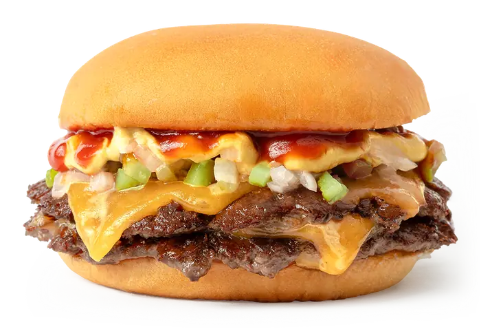 Classic: burger de doble carne con cheddar, ketchup y relish de pepinillo, vista de frente