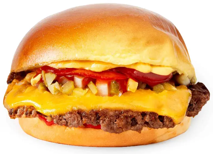 Classic Single: burger de una carne con cheddar, ketchup y relish, vista de frente