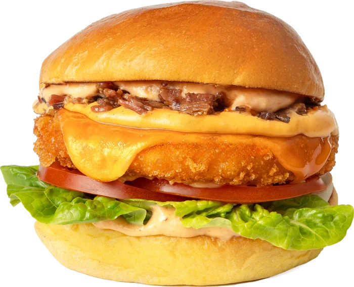 Pollo Loco: hamburguesa de pollo frito con queso, tomate y lechuga, vista de frente