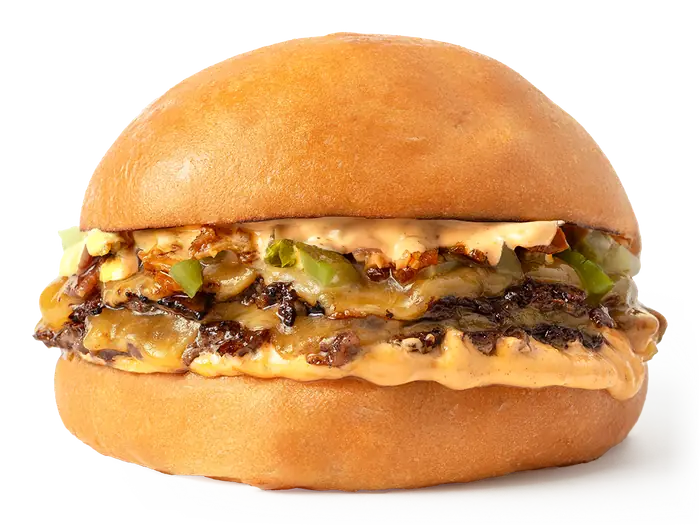 Burger Sin Gluten: doble carne con queso cheddar, relish y salsa, vista de frente