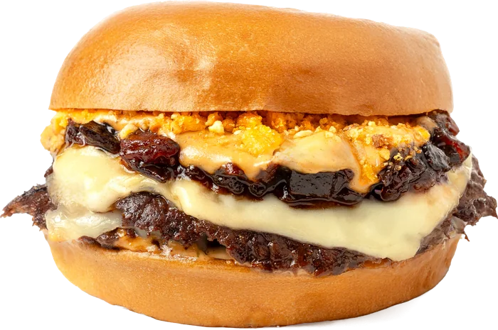 Special 2.0: burger de doble carne con queso fundido y mermelada de bacon, vista de frente