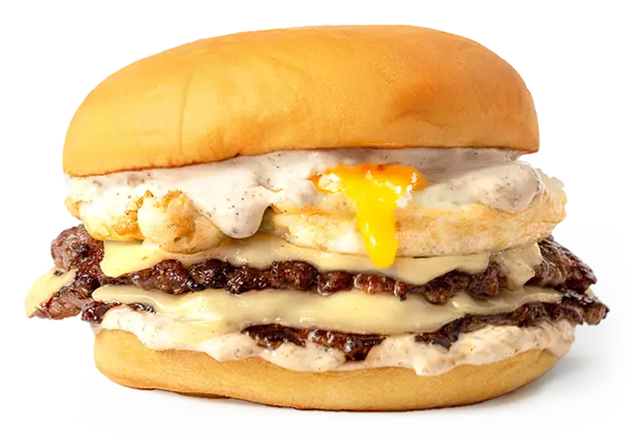 Trufada: burger de doble carne con queso fundido y huevo frito, vista de frente